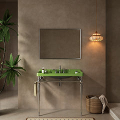 VICI 36" Bathroom Console Sink, Wall-Mounted Green Ceramic Vanity Basin with 3 Pre-drilled Faucet Holes, Freestanding Stainless Steel Support Legs with Towel Bar, No Faucet & Sink Cover, Chrome Color