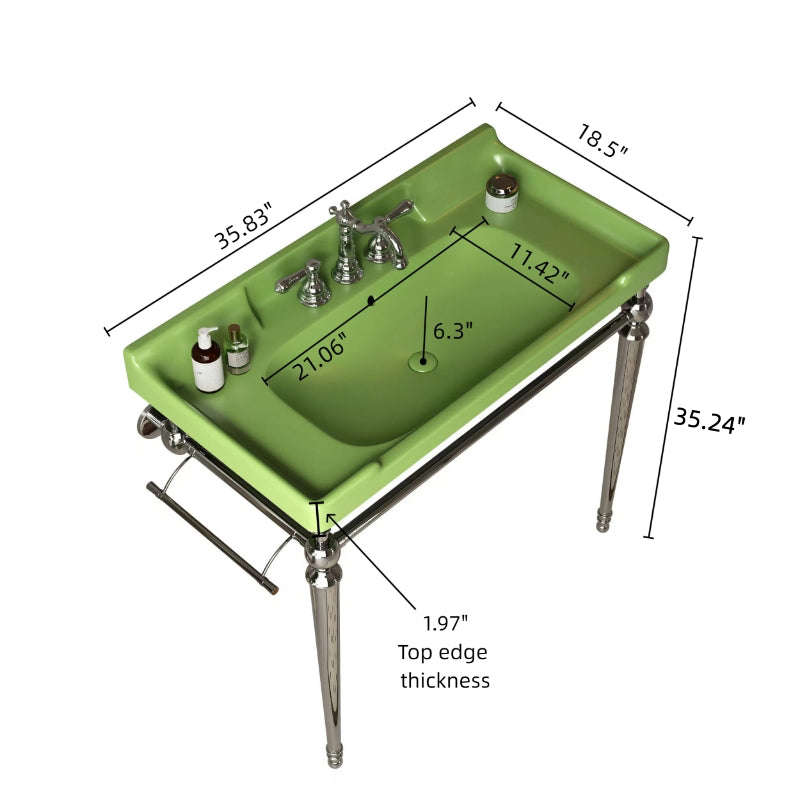 VICI 36" Bathroom Console Sink, Wall-Mounted Green Ceramic Vanity Basin with 3 Pre-drilled Faucet Holes, Freestanding Stainless Steel Support Legs with Towel Bar, No Faucet & Sink Cover, Chrome Color