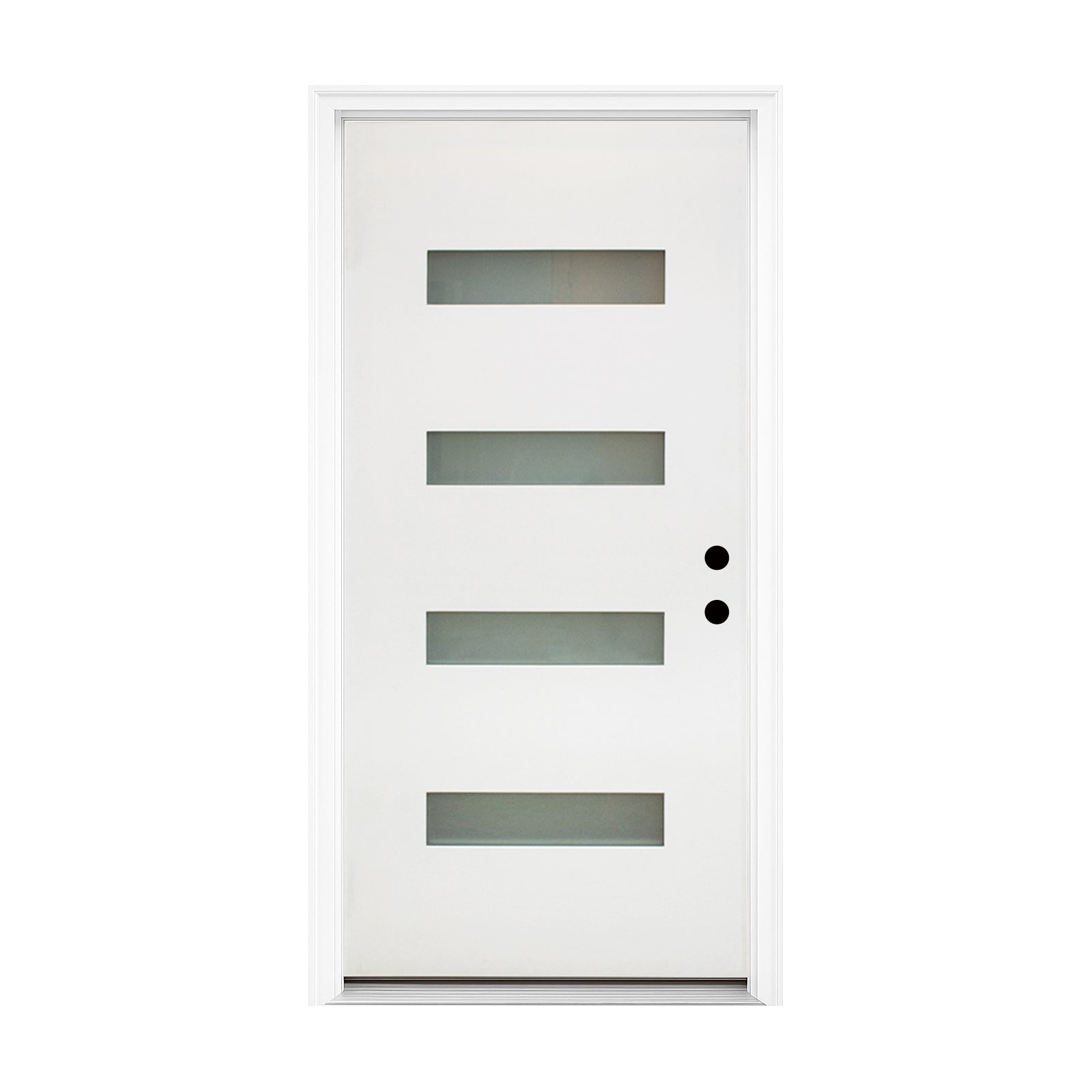 36 x 80 Fiberglass Entry Door with Brickmould, Frosted Glass - Contemporary Style for Home's Front Entrance, Left Hand Inswing, White Finished Knock-Down Fiberglass Door with 6-9/16 White Vinyl Frame