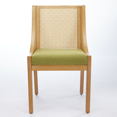 Rattan Dining Chairs, Solid Wood Frame with Decorative Armrests, Linen Upholstered Seat, Rustic Wooden Style Side Chairs for Kitchen, Dining Room, Living Room, Natural Finish,Olive Green,Single Pack