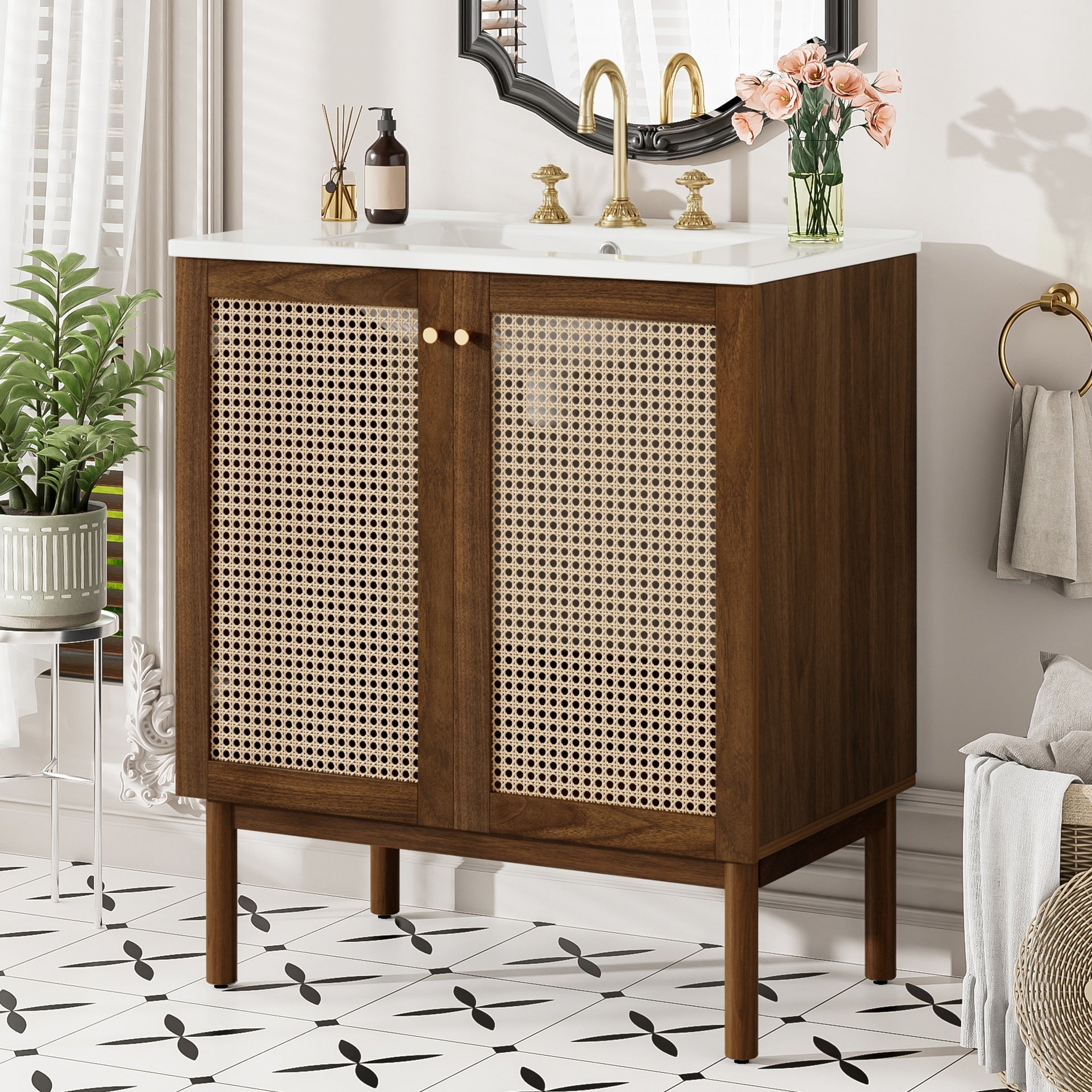 30-Inch Bathroom Vanity with Handwoven Bamboo Doors, MDF Cabinet & Soft-Close Design