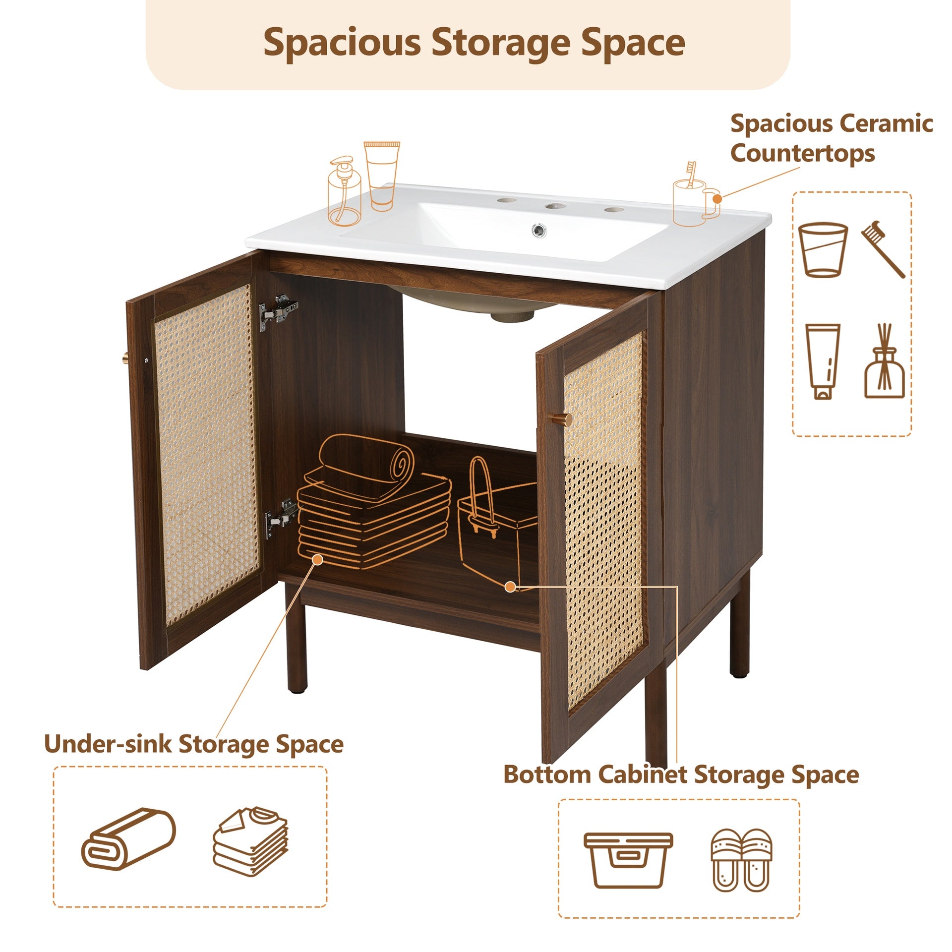 30-Inch Bathroom Vanity with Handwoven Bamboo Doors, MDF Cabinet & Soft-Close Design
