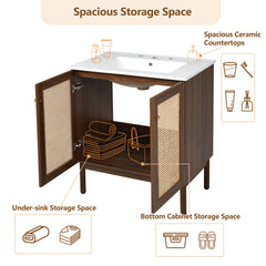 30-Inch Bathroom Vanity with Handwoven Bamboo Doors, MDF Cabinet & Soft-Close Design