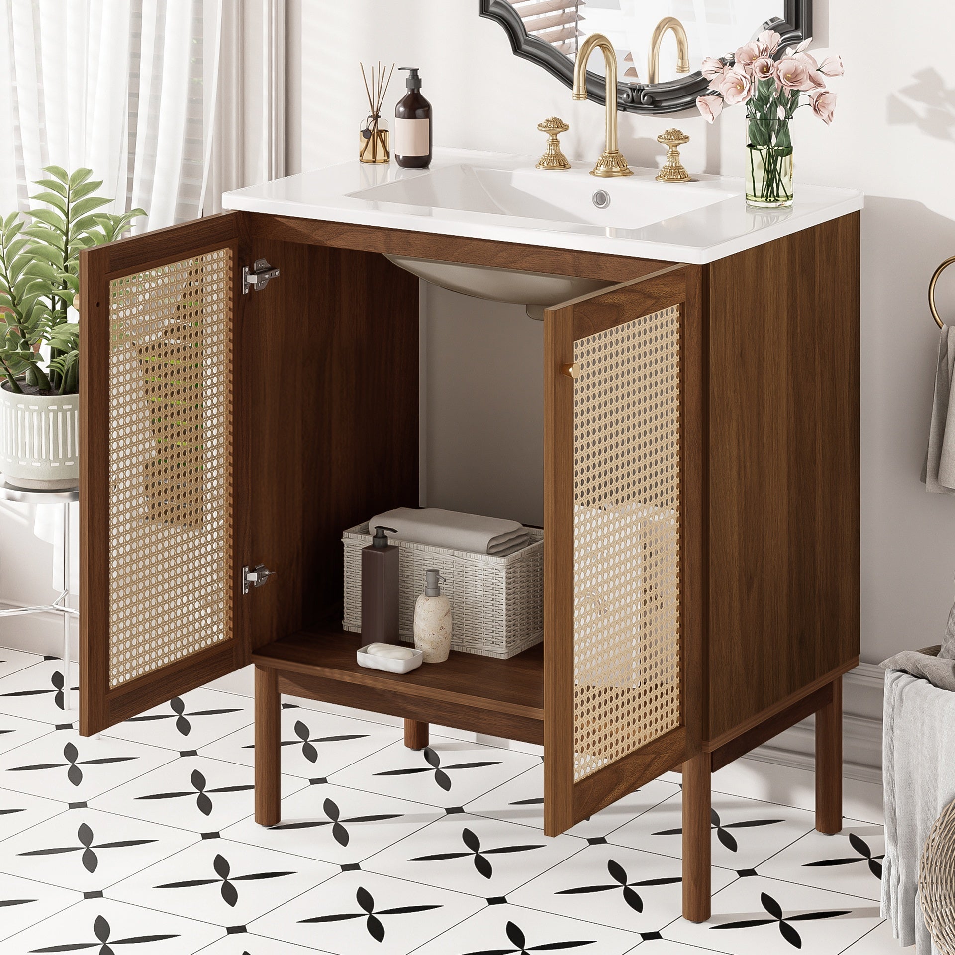 30-Inch Bathroom Vanity with Handwoven Bamboo Doors, MDF Cabinet & Soft-Close Design