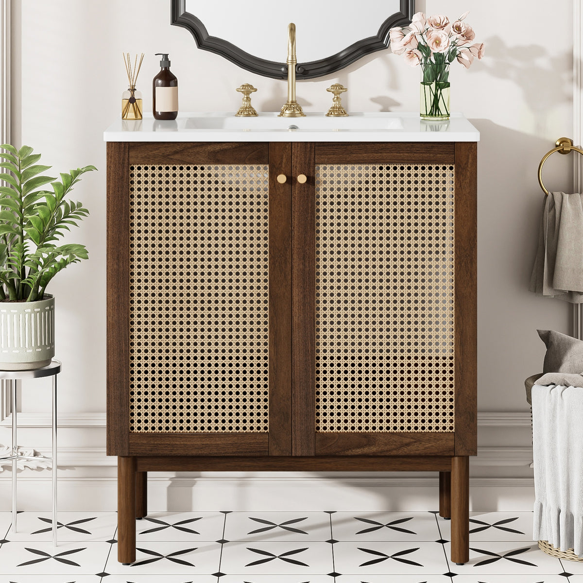 30-Inch Bathroom Vanity with Handwoven Bamboo Doors, MDF Cabinet & Soft-Close Design