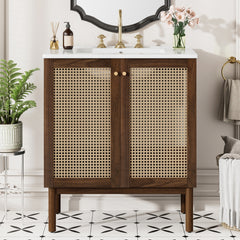 30-Inch Bathroom Vanity with Handwoven Bamboo Doors, MDF Cabinet & Soft-Close Design