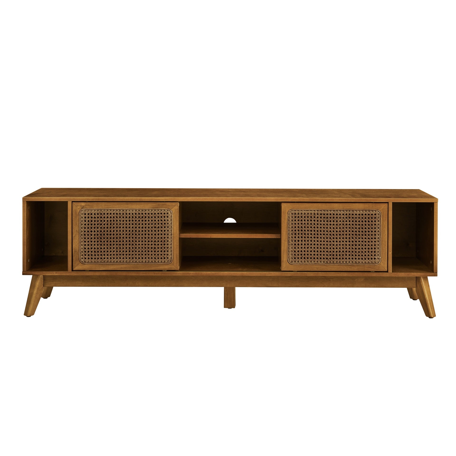 67.9 Inch Mid Century Modern Rattan TV Stand for TVs up to 75", Entertainment Cabinet, Media Console for Living Room Media Room, Solid Wood Feet & Rattan Cabinet Doors - Light Walnut