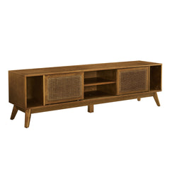 67.9 Inch Mid Century Modern Rattan TV Stand for TVs up to 75", Entertainment Cabinet, Media Console for Living Room Media Room, Solid Wood Feet & Rattan Cabinet Doors - Light Walnut