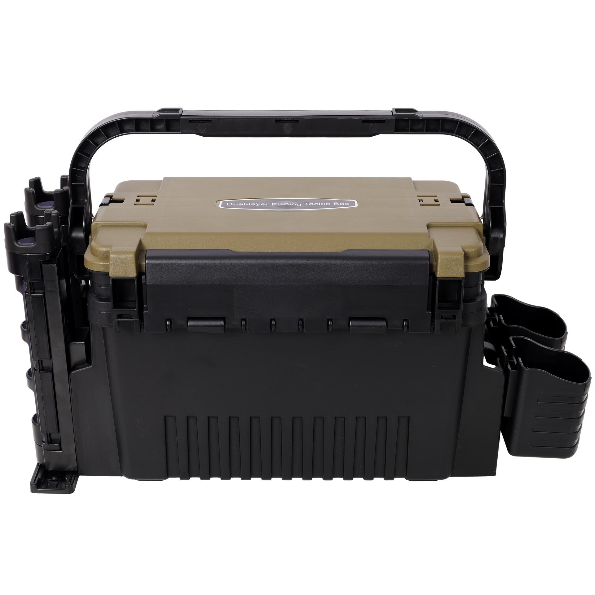 Dual-layer Fishing Tackle Box,Tackle Box Organizer Fishing Box Large,With 2pcs Rod Holder,2pcs Cup Holder,1pc Carring Strap,Army Green