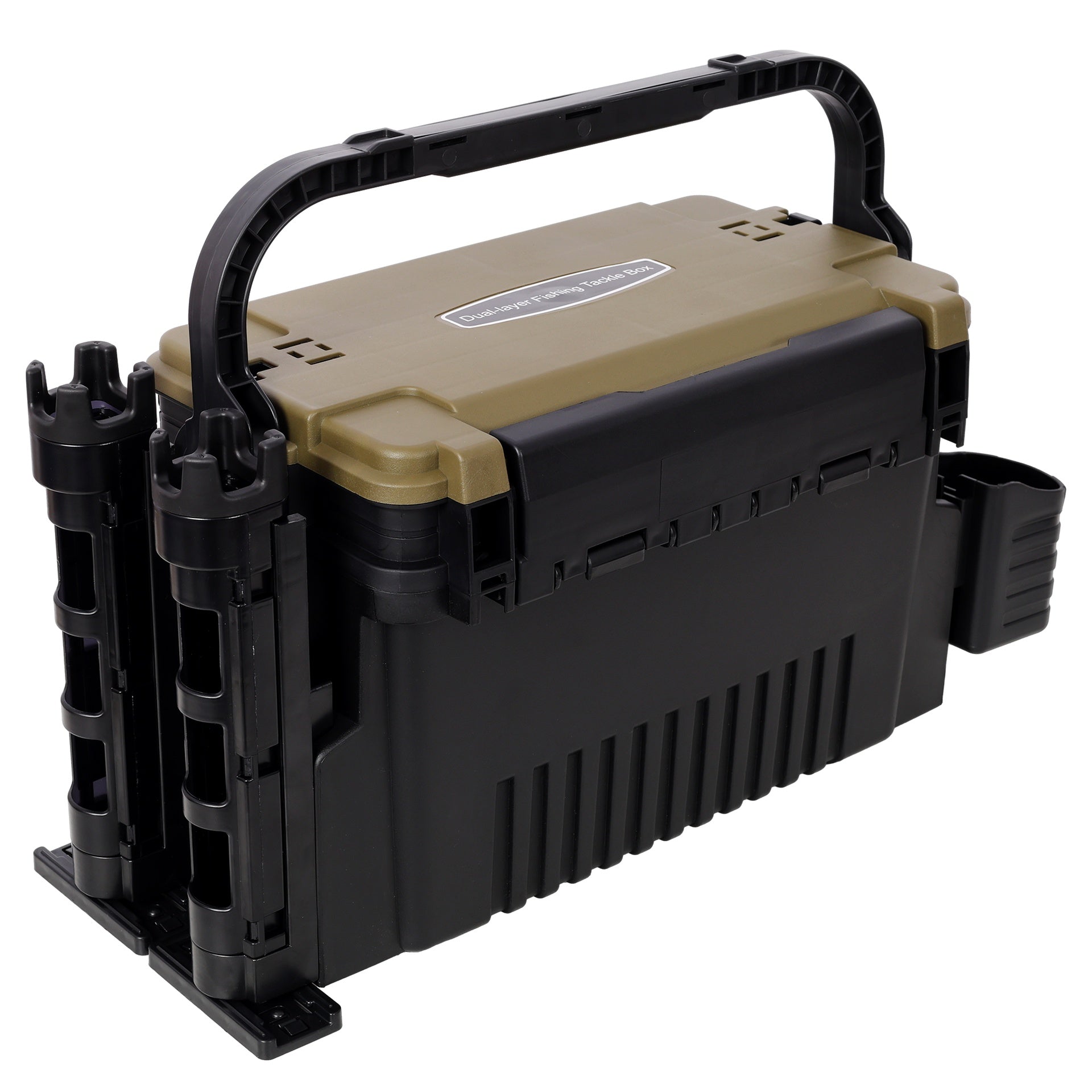 Dual-layer Fishing Tackle Box,Tackle Box Organizer Fishing Box Large,With 2pcs Rod Holder,2pcs Cup Holder,1pc Carring Strap,Army Green