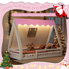 Twin Size House Floor Bed with Tent and Light, Solid Wood Teepee Floor Bed with Full-length Guardrails, Montessori and Childlike Design, White+Pink