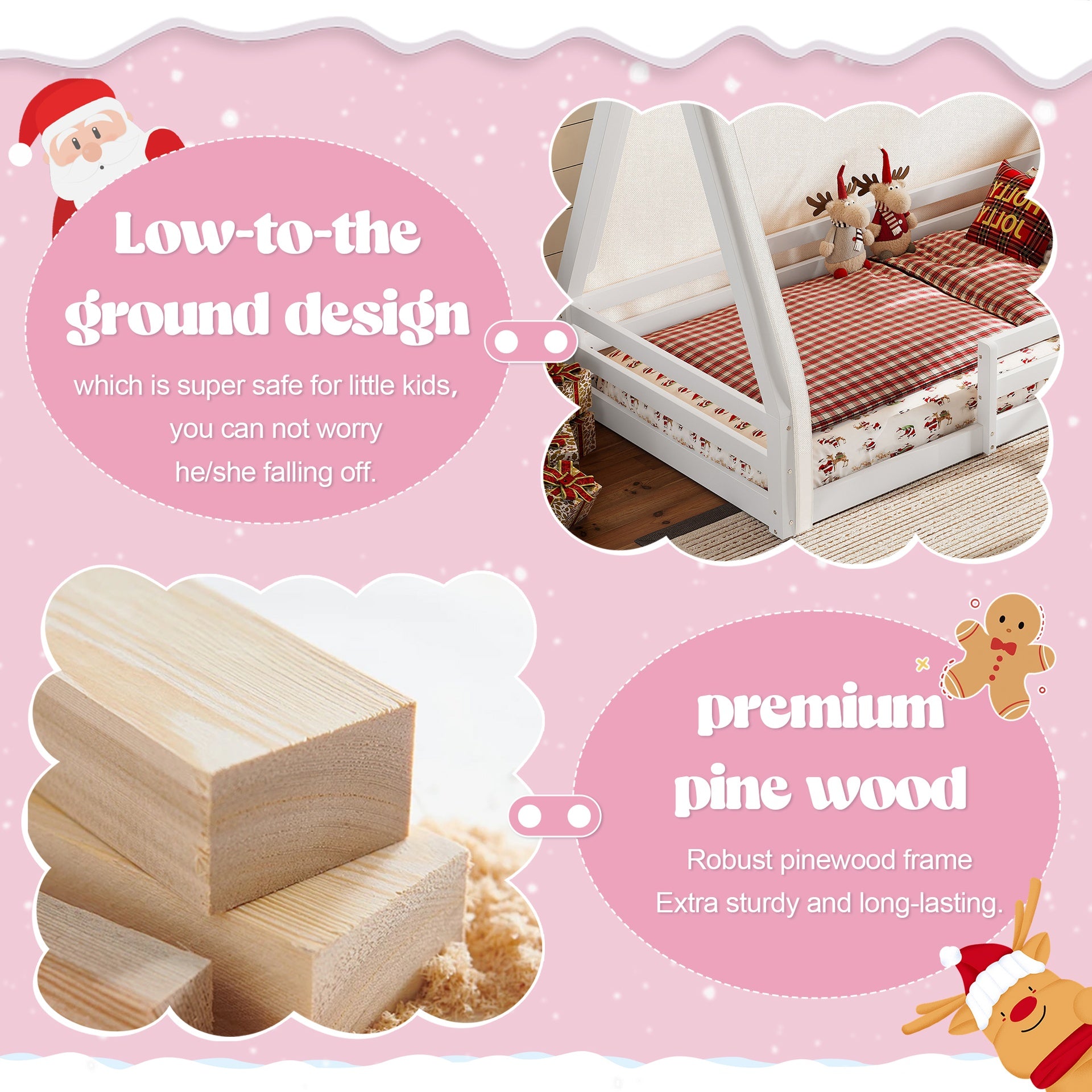Twin Size House Floor Bed with Tent and Light, Solid Wood Teepee Floor Bed with Full-length Guardrails, Montessori and Childlike Design, White+Pink
