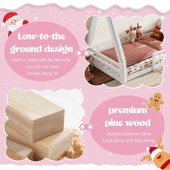 Twin Size House Floor Bed with Tent and Light, Solid Wood Teepee Floor Bed with Full-length Guardrails, Montessori and Childlike Design, White+Pink