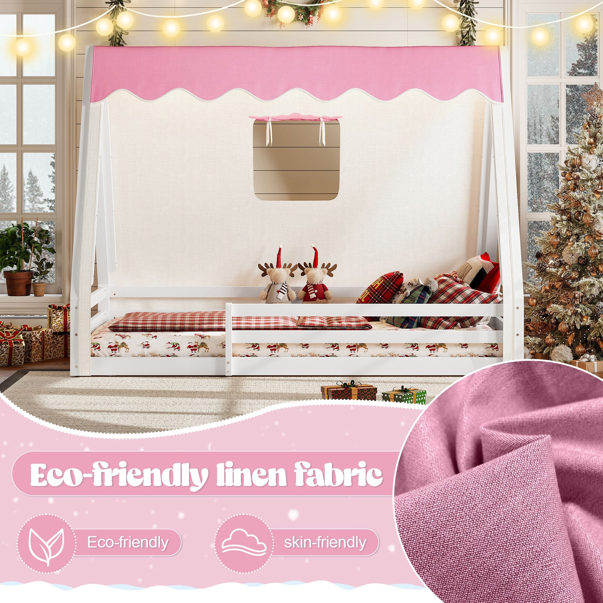 Twin Size House Floor Bed with Tent and Light, Solid Wood Teepee Floor Bed with Full-length Guardrails, Montessori and Childlike Design, White+Pink