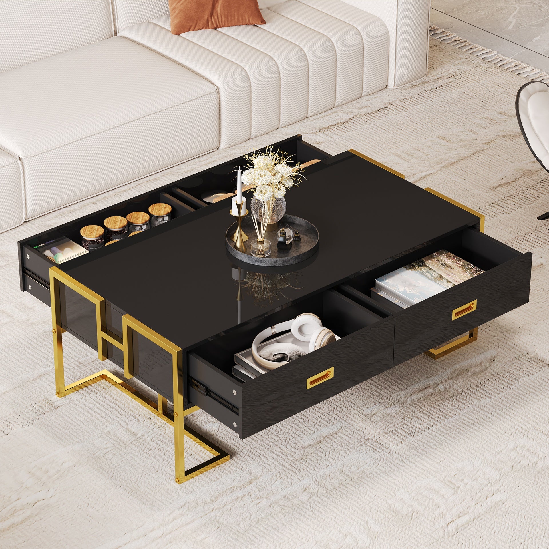 Modern Black Rectangular Coffee Table with 4 Drawers and Gold Base in 47.3"