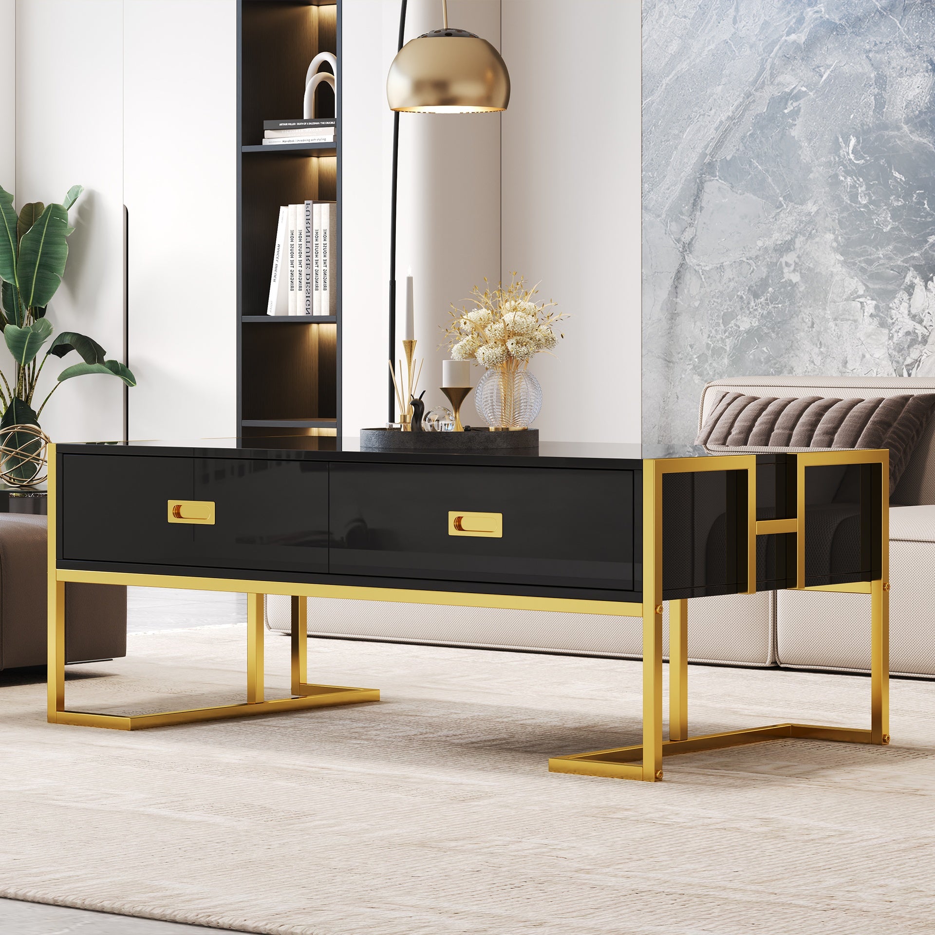 Modern Black Rectangular Coffee Table with 4 Drawers and Gold Base in 47.3"