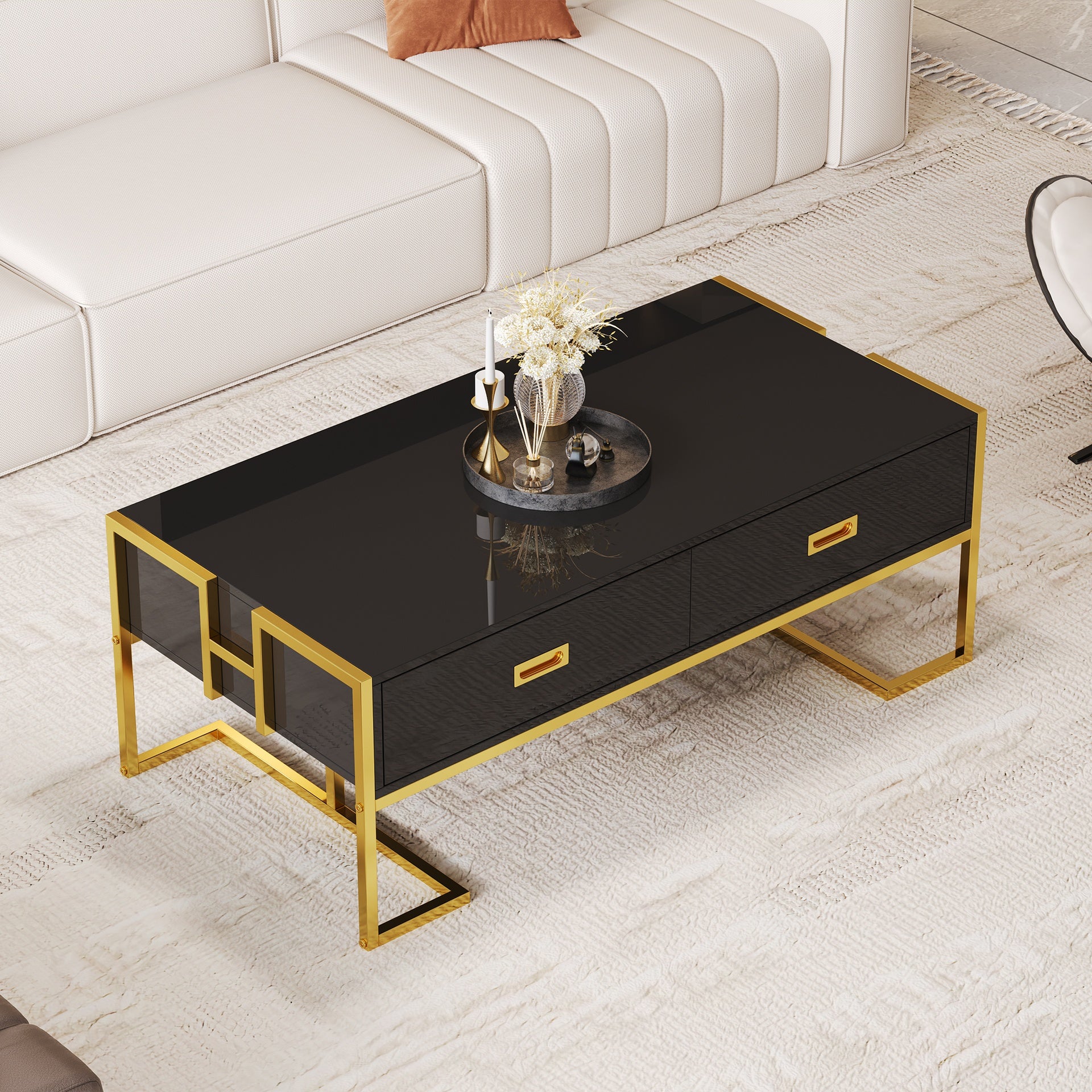 Modern Black Rectangular Coffee Table with 4 Drawers and Gold Base in 47.3"