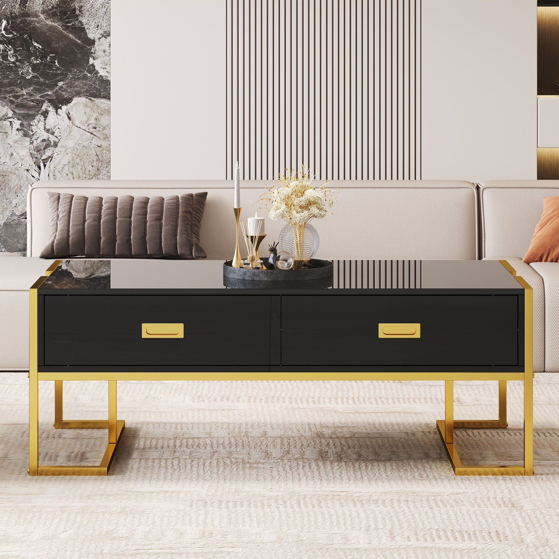 Modern Black Rectangular Coffee Table with 4 Drawers and Gold Base in 47.3"