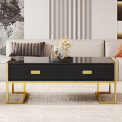 Modern Black Rectangular Coffee Table with 4 Drawers and Gold Base in 47.3"