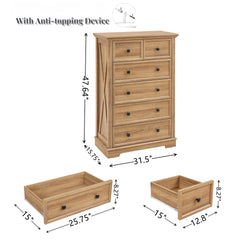 6 Drawer Dresser,6 Drawers cabinet Tall Chest of Drawers Closet Organizers  Storage Clothes, cabinet of 6 drawers Living Room, OAK, 31.50''L*15.75W''*47.64''H