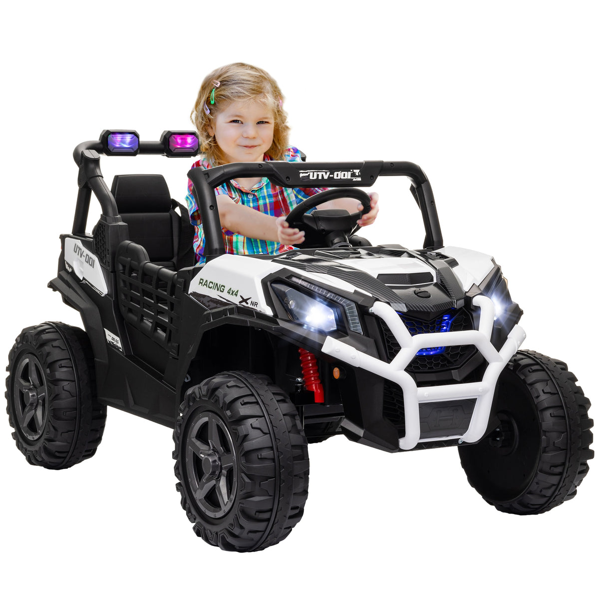 Qaba 2 Seater Electric Car for Kids, 24V Battery Powered Ride on Car with Remote Control, 3 Speed, Slow Start, LED Lights, Music, Horn, Spring Suspension for 3-8 Years, White