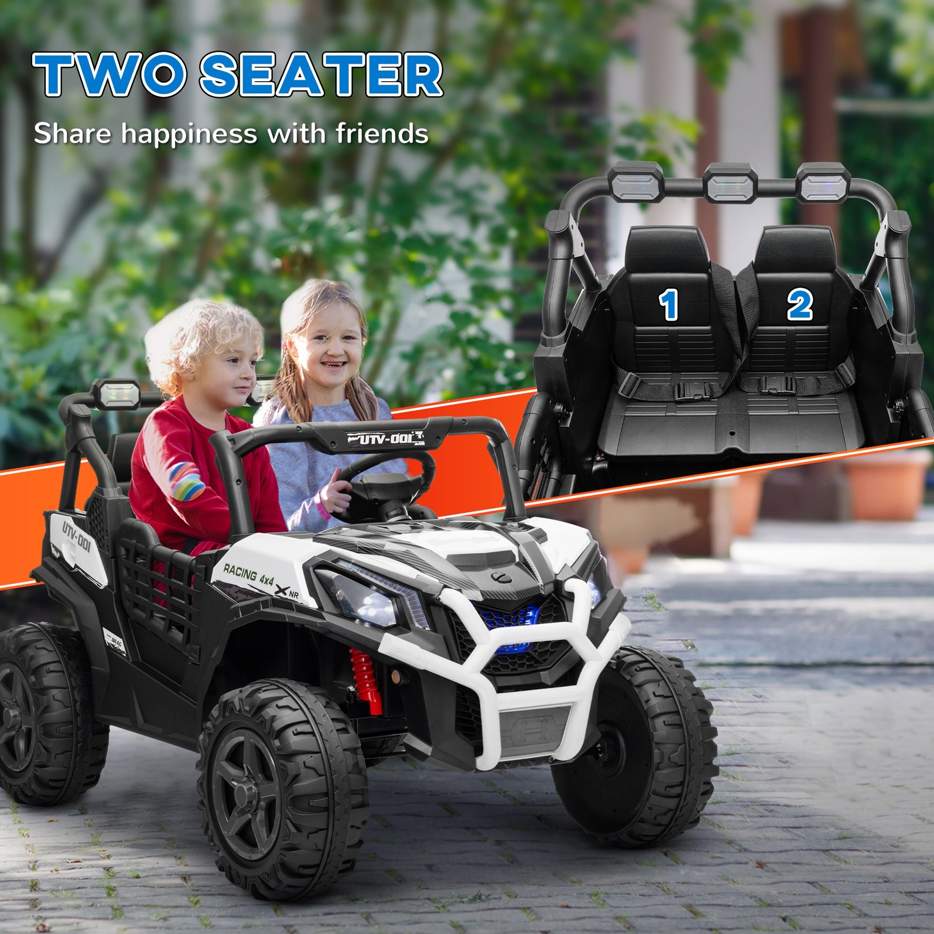 Qaba 2 Seater Electric Car for Kids, 24V Battery Powered Ride on Car with Remote Control, 3 Speed, Slow Start, LED Lights, Music, Horn, Spring Suspension for 3-8 Years, White