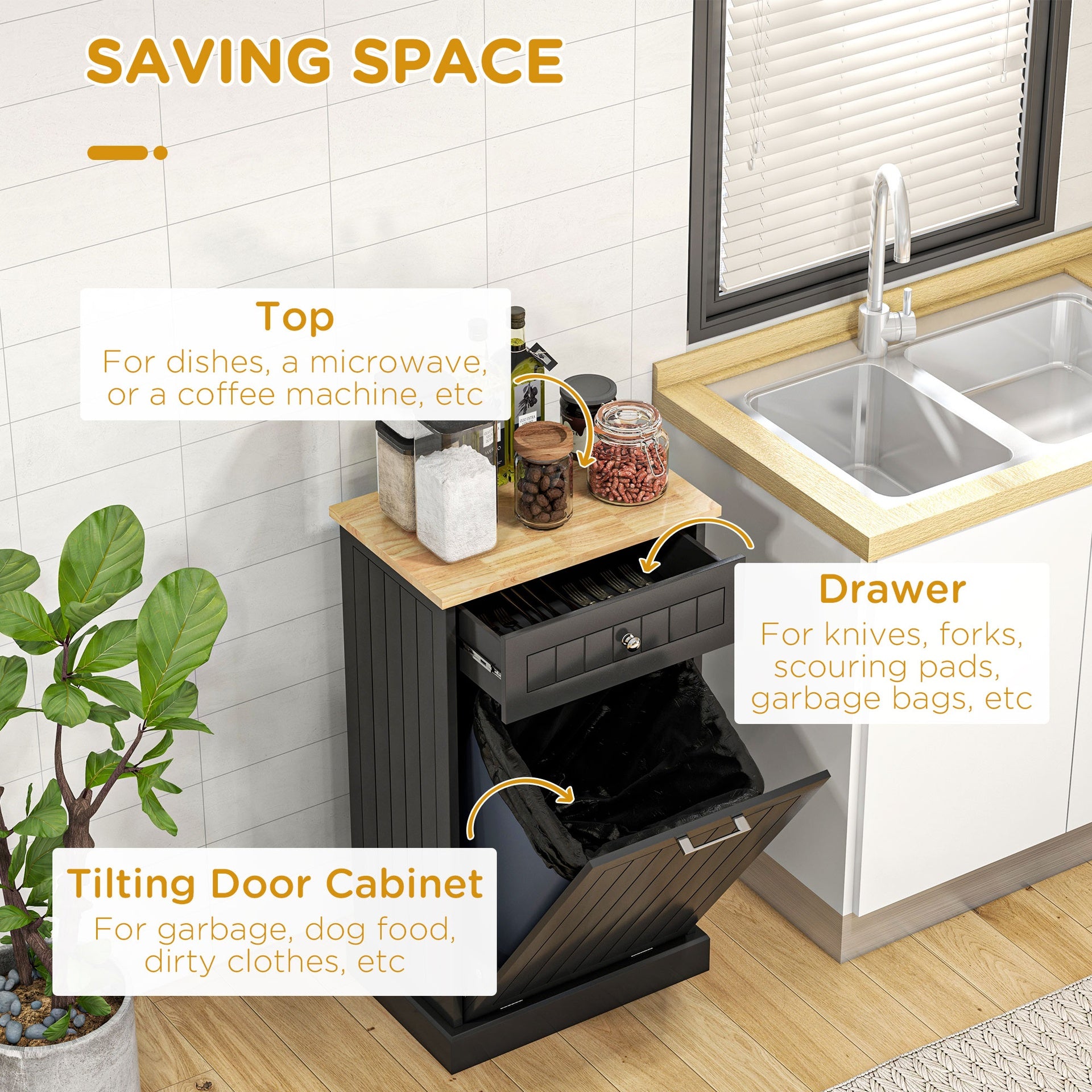HOMCOM Kitchen Tilt Out Trash Bin Cabinet Free Standing Recycling Cabinet Trash Can Holder With Drawer, Black