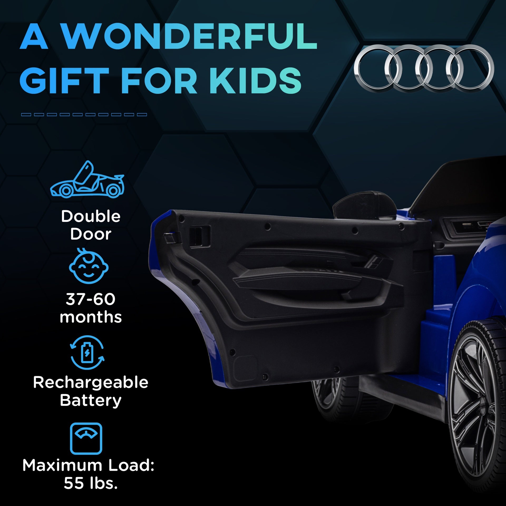 Aosom Kids Ride on Car, 12V Licensed Audi RS E-tron GT 3.1 MPH Electric Car for Kids, Ride-on Toy for Boys and Girls with Remote Control, 4 Wheels with Suspension, Horn, Music, Lights, Dark Blue
