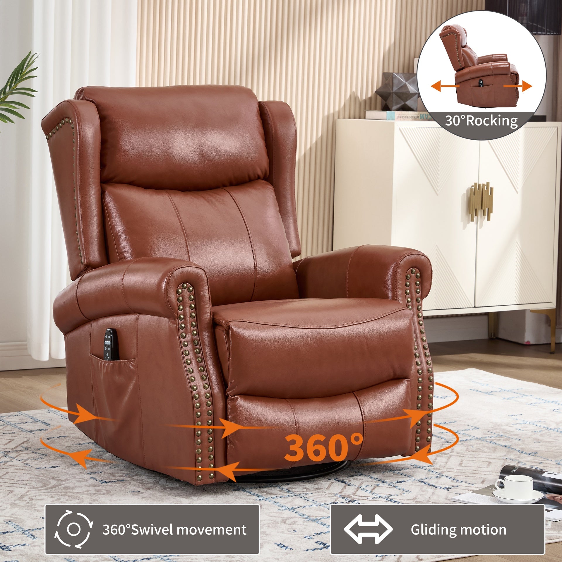 Heat Massage Manual Recliner Chair with Rocker and Swivel in Genuine leather for Living Room, Red