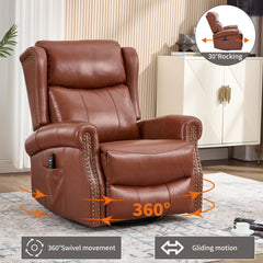 Heat Massage Manual Recliner Chair with Rocker and Swivel in Genuine leather for Living Room, Red