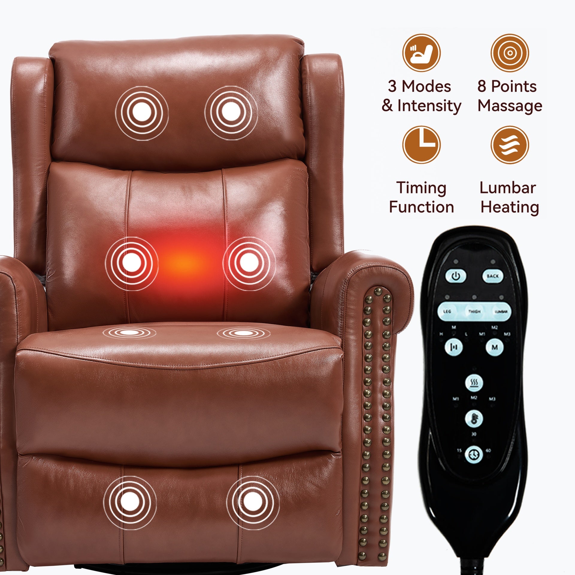 Heat Massage Manual Recliner Chair with Rocker and Swivel in Genuine leather for Living Room, Red