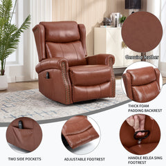 Heat Massage Manual Recliner Chair with Rocker and Swivel in Genuine leather for Living Room, Red