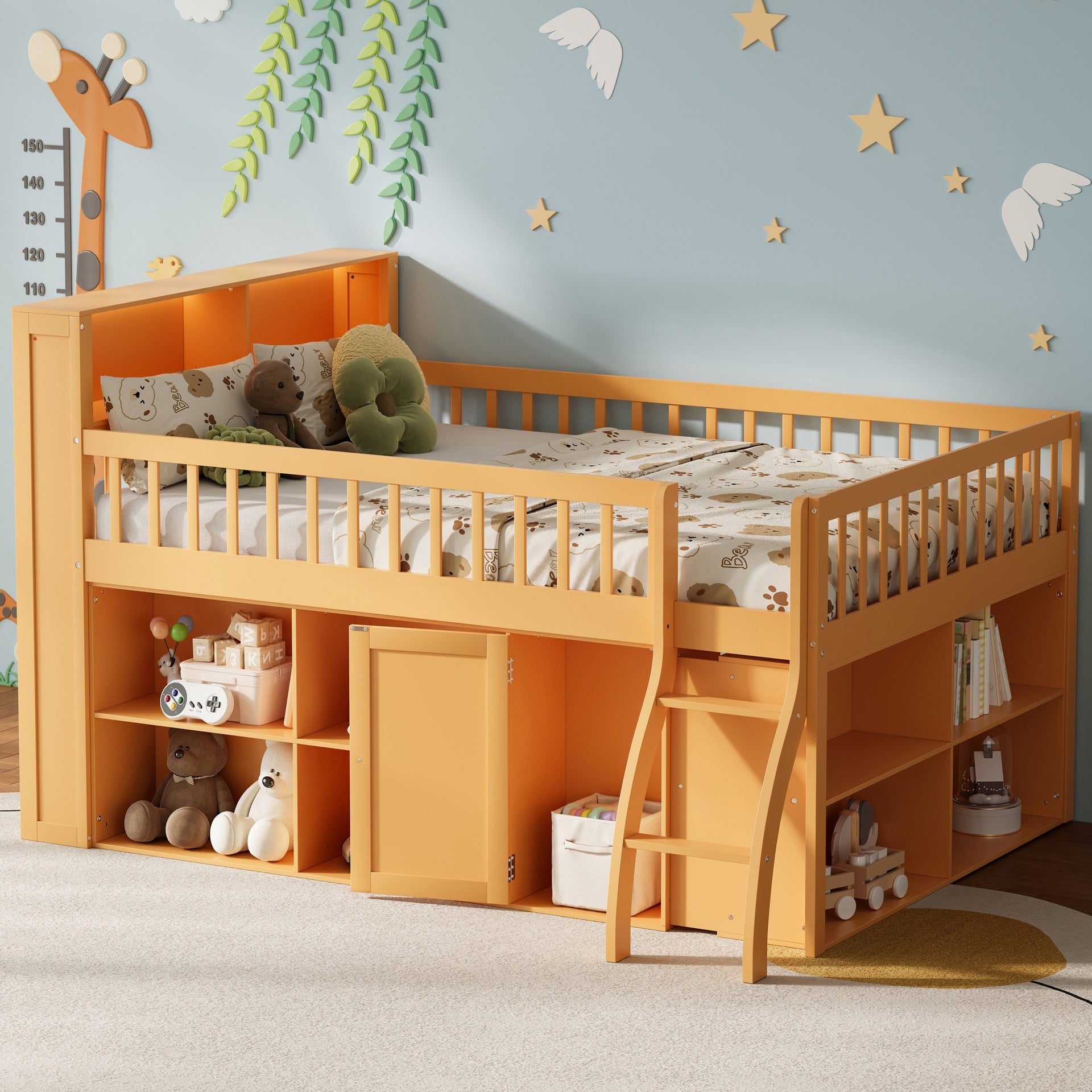 Full Size Loft Bed with Storage, Headboard with LED Light , Natural