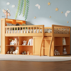 Full Size Loft Bed with Storage, Headboard with LED Light , Natural