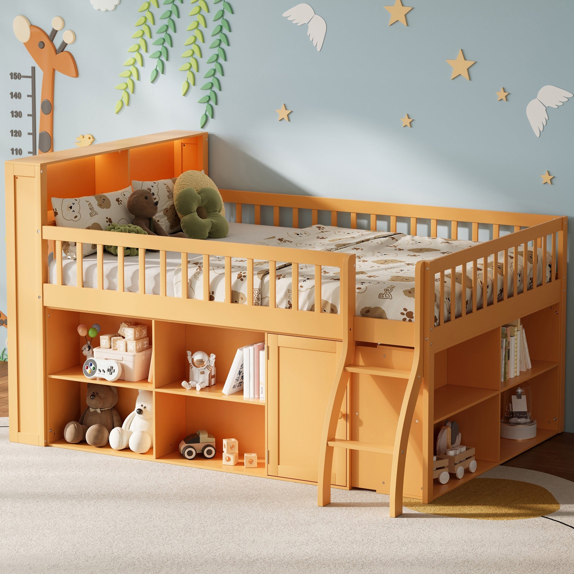 Full Size Loft Bed with Storage, Headboard with LED Light , Natural