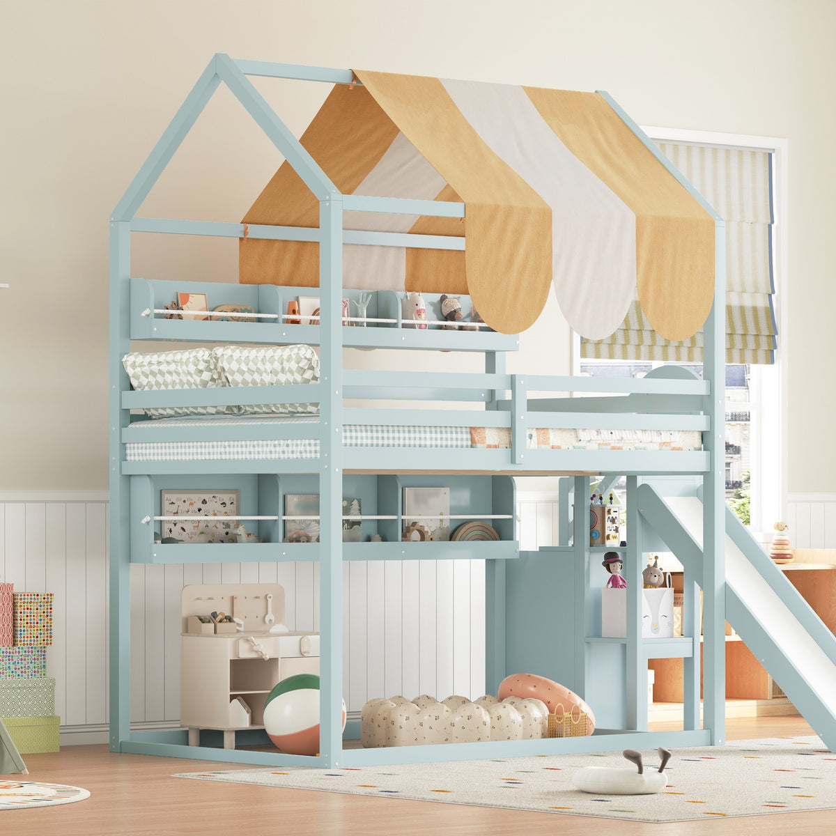 Full Size house Bed with Canopy, Slide & Built-In Bookshelves, Light green