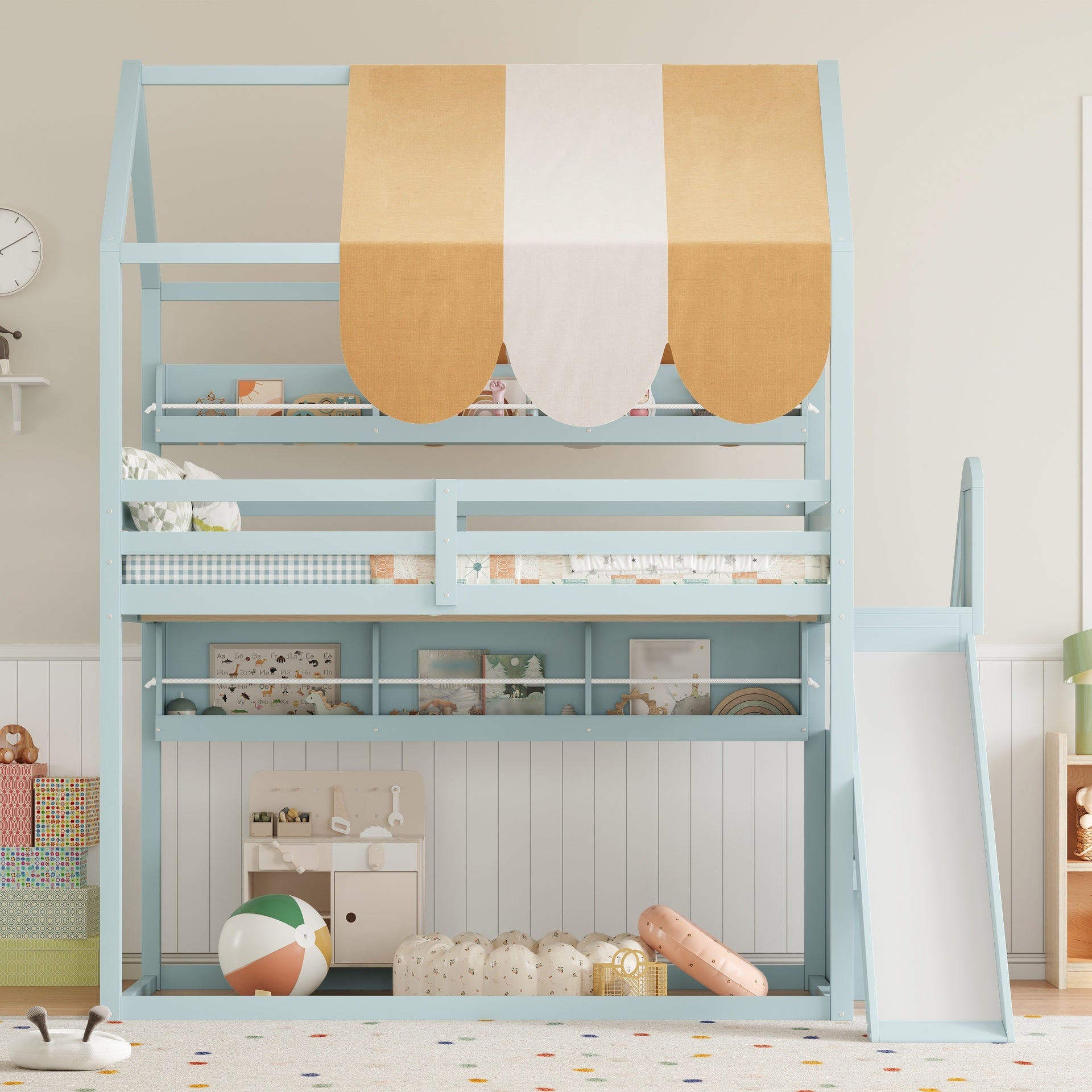 Full Size house Bed with Canopy, Slide & Built-In Bookshelves, Light green