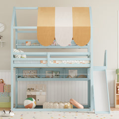 Full Size house Bed with Canopy, Slide & Built-In Bookshelves, Light green