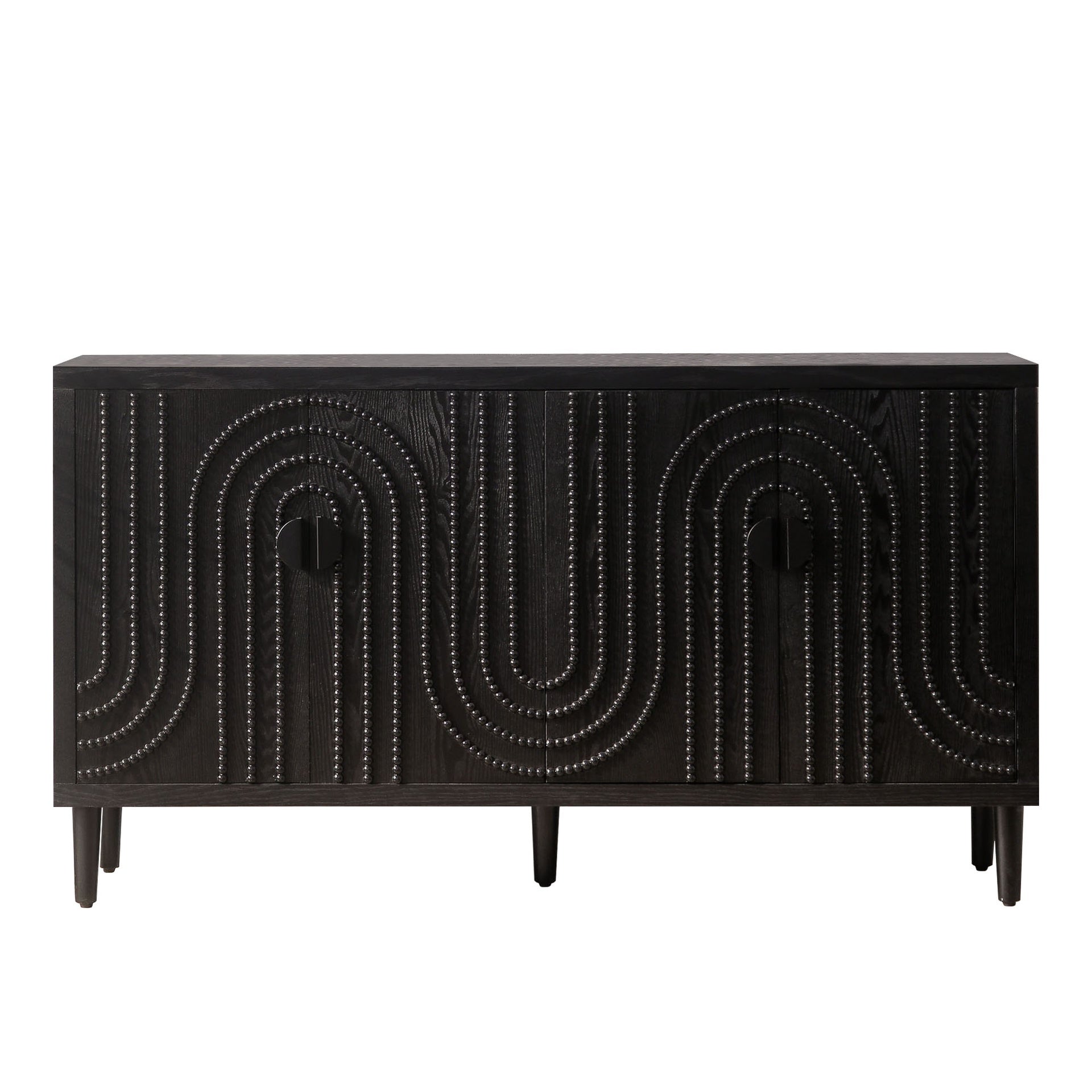 Modern Black Sideboard Cabinet with Decorative Nailhead Accents, Stylish Storage Solution for Dining & Living Rooms