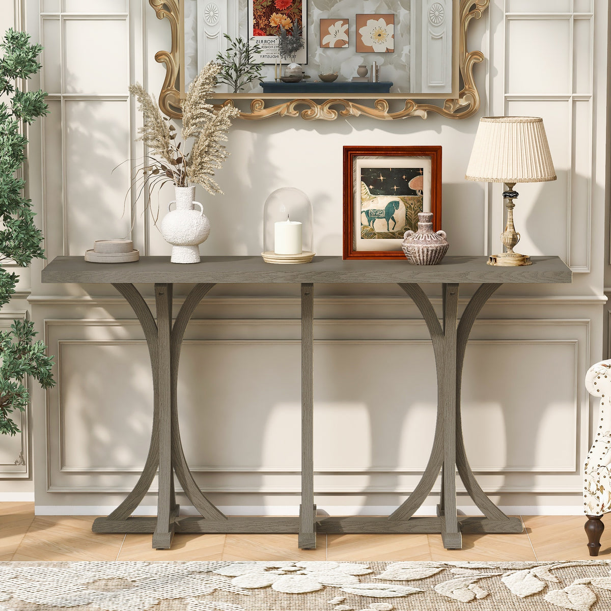 U-Style 59.8'' Wooden Console Table with Oak Veneer Top,Farmhouse Entryway Table with Rubber Wood Slender Curved Legs,Perfect for Living Room,Entryway,Hallway, Dining Spaces.