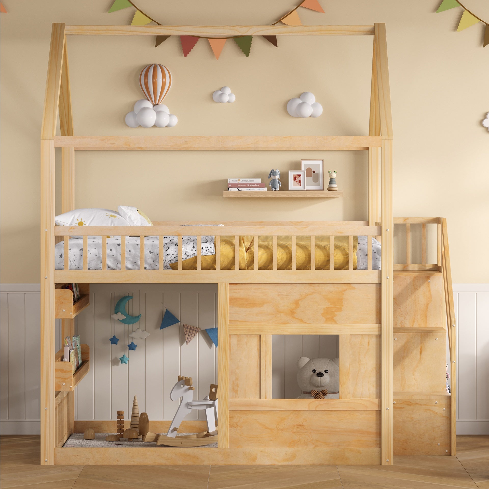 Full size Wooden House Bed with Built-in LED Shelf Light, natural