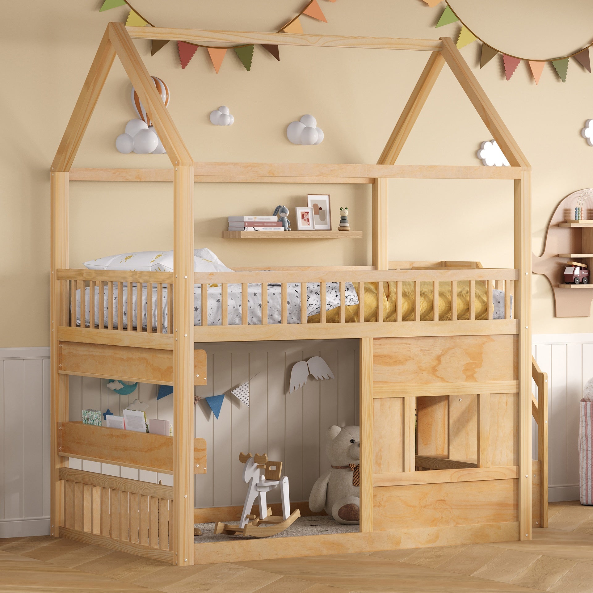 Full size Wooden House Bed with Built-in LED Shelf Light, natural