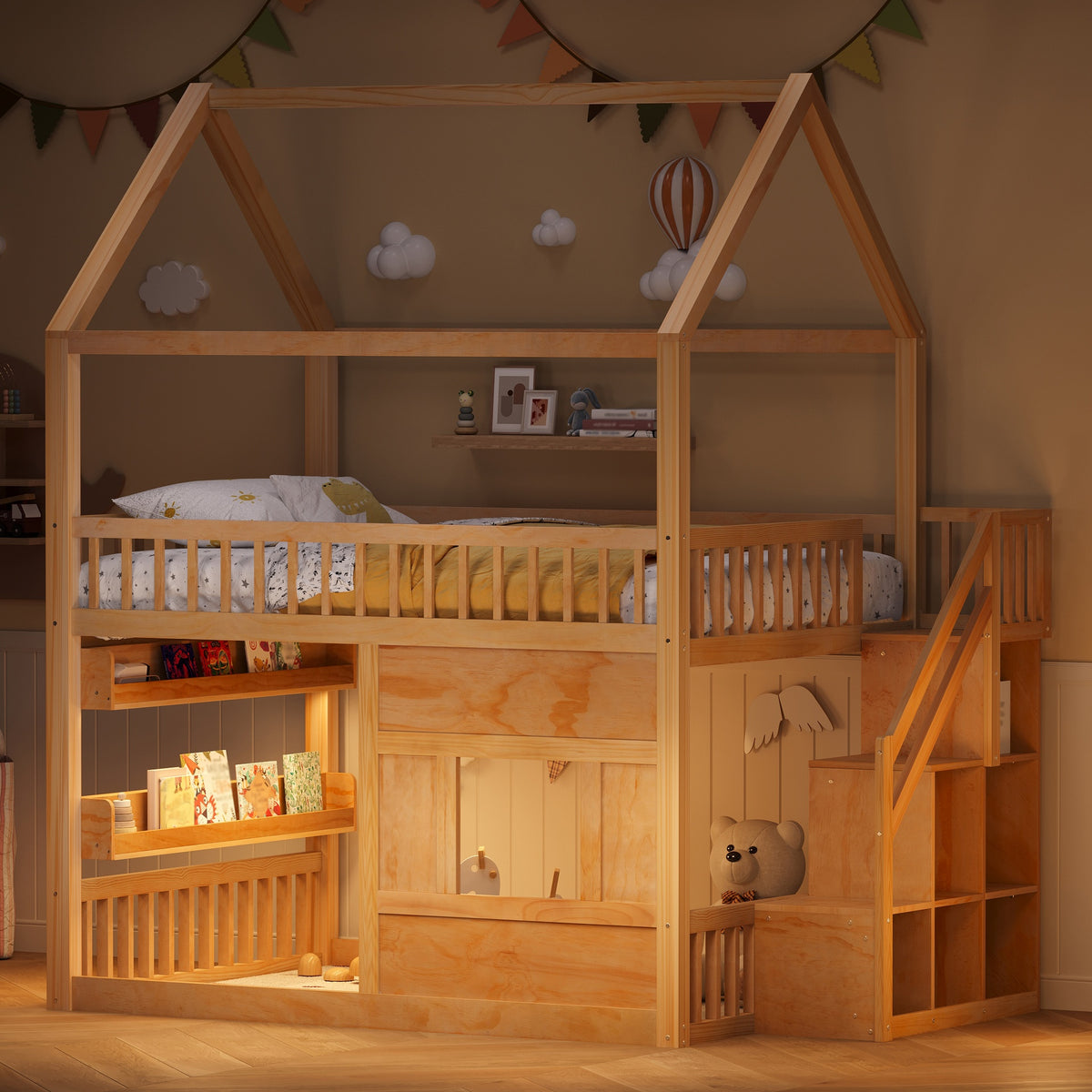 Full size Wooden House Bed with Built-in LED Shelf Light, natural