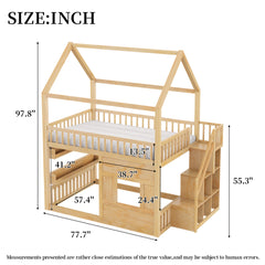 Full size Wooden House Bed with Built-in LED Shelf Light, natural