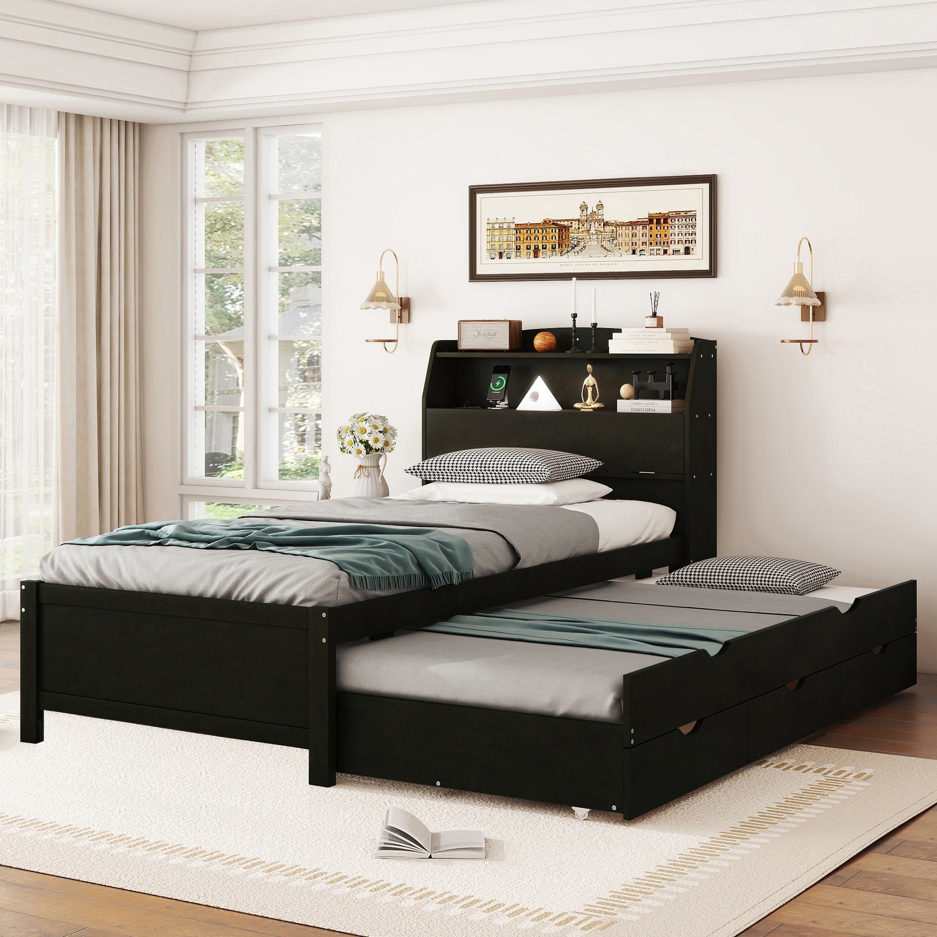 Twin Size Wooden LED Platform Bed with Trundle, with Storage Headboard, with Drawers, Espresso