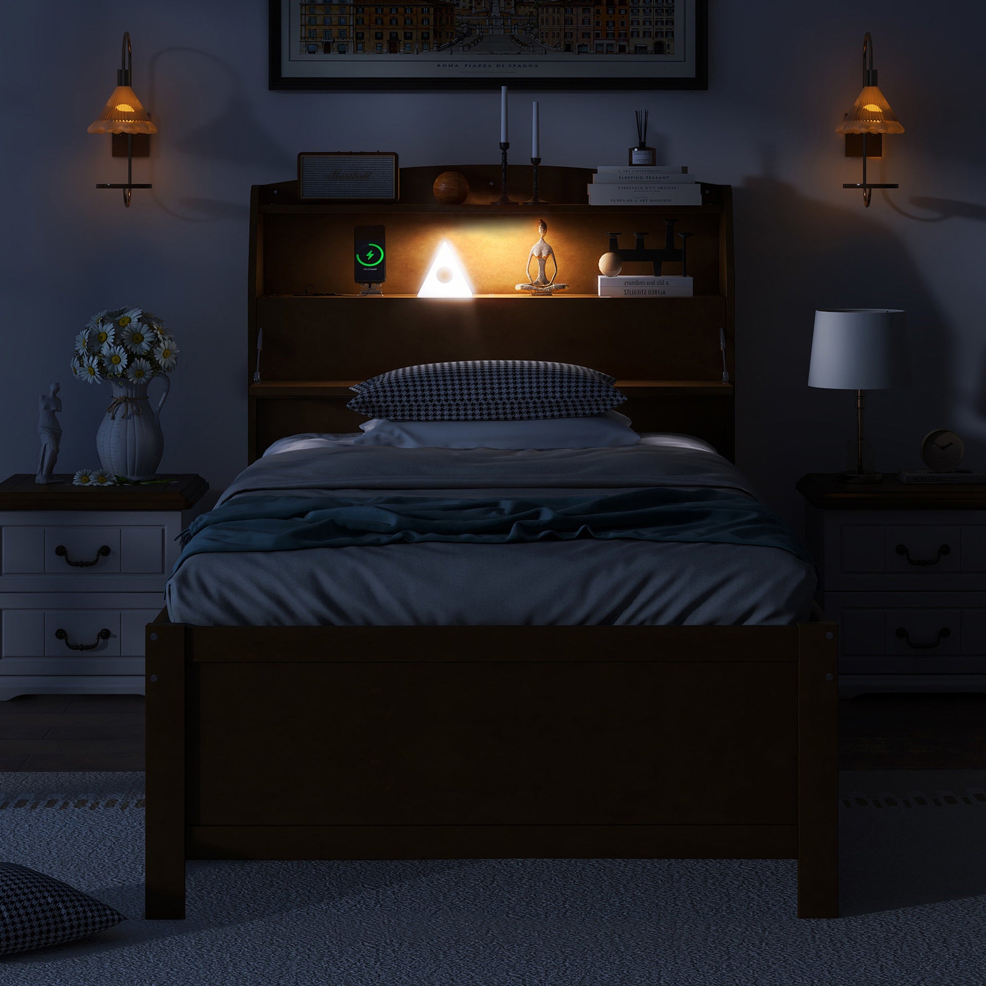 Twin Size Wooden LED Platform Bed with Trundle, with Storage Headboard, with Drawers, Espresso