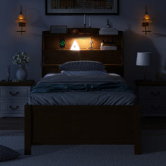 Twin Size Wooden LED Platform Bed with Trundle, with Storage Headboard, with Drawers, Espresso