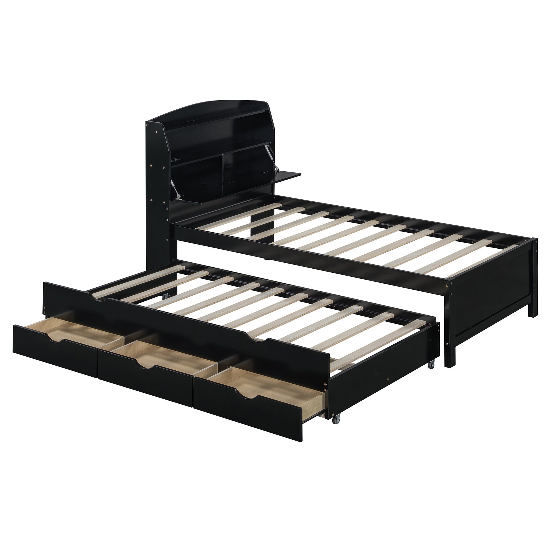 Twin Size Wooden LED Platform Bed with Trundle, with Storage Headboard, with Drawers, Espresso