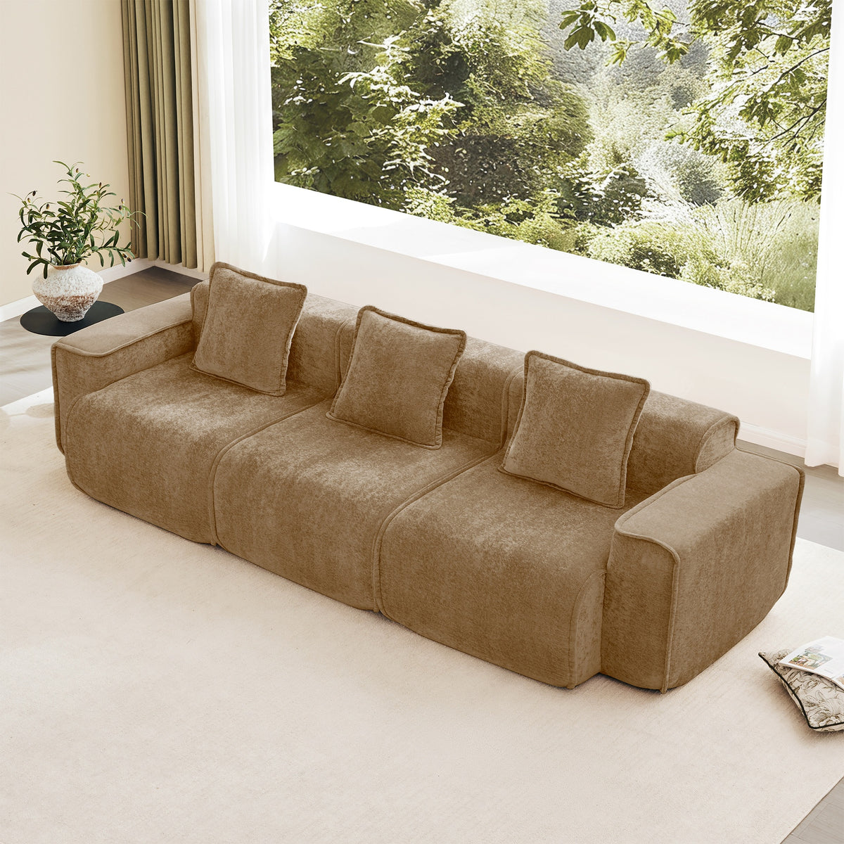 Streamlined Design Deep Seat Modular 3 Seat Boneless Sofa with French Edge Piping,No Assembly Required, Modern Modular 3-Seat Sofa Couch with Throw Pillows,Velvet Fabric Brown