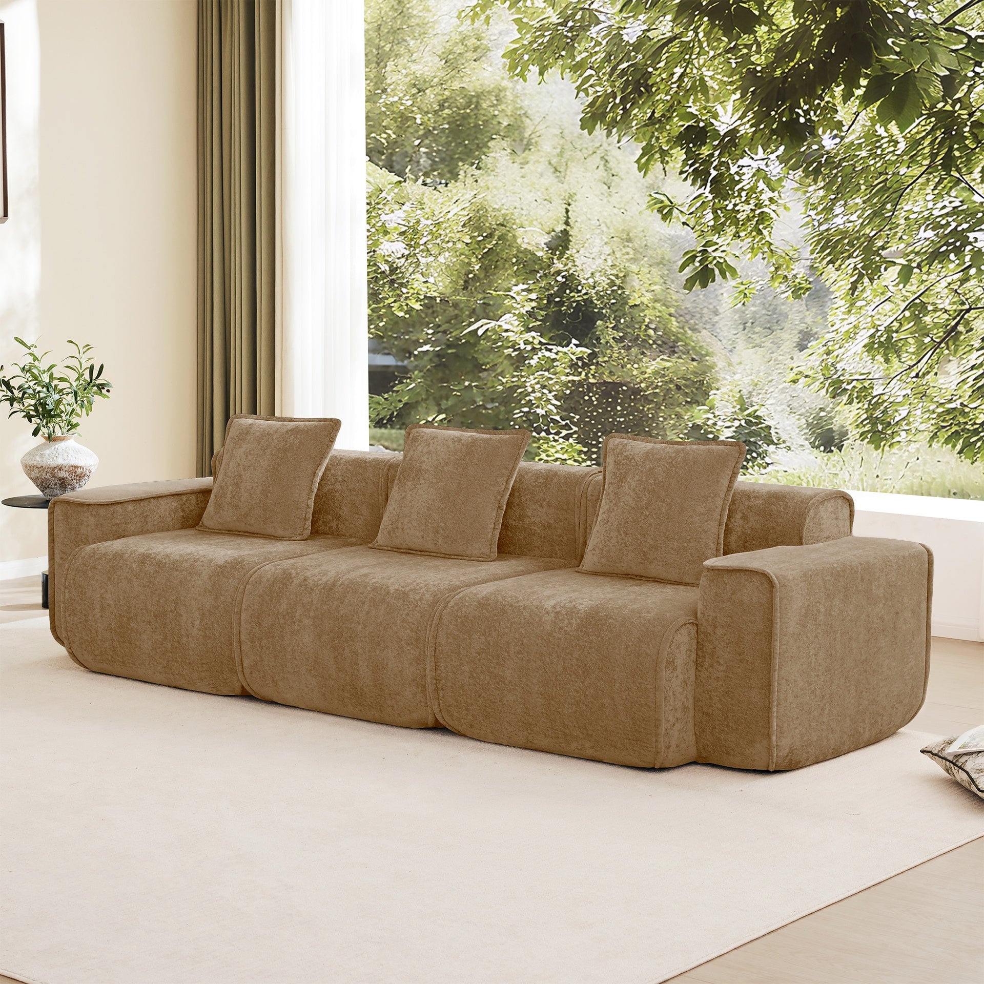 Streamlined Design Deep Seat Modular 3 Seat Boneless Sofa with French Edge Piping,No Assembly Required, Modern Modular 3-Seat Sofa Couch with Throw Pillows,Velvet Fabric Brown